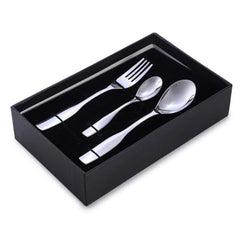 Three-piece stainless steel cutlery set placed neatly in black presentation box with a fitted insert.