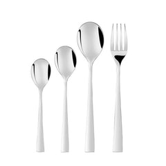 Four-piece stainless steel cutlery set including fork and spoons, displayed upright on white background.