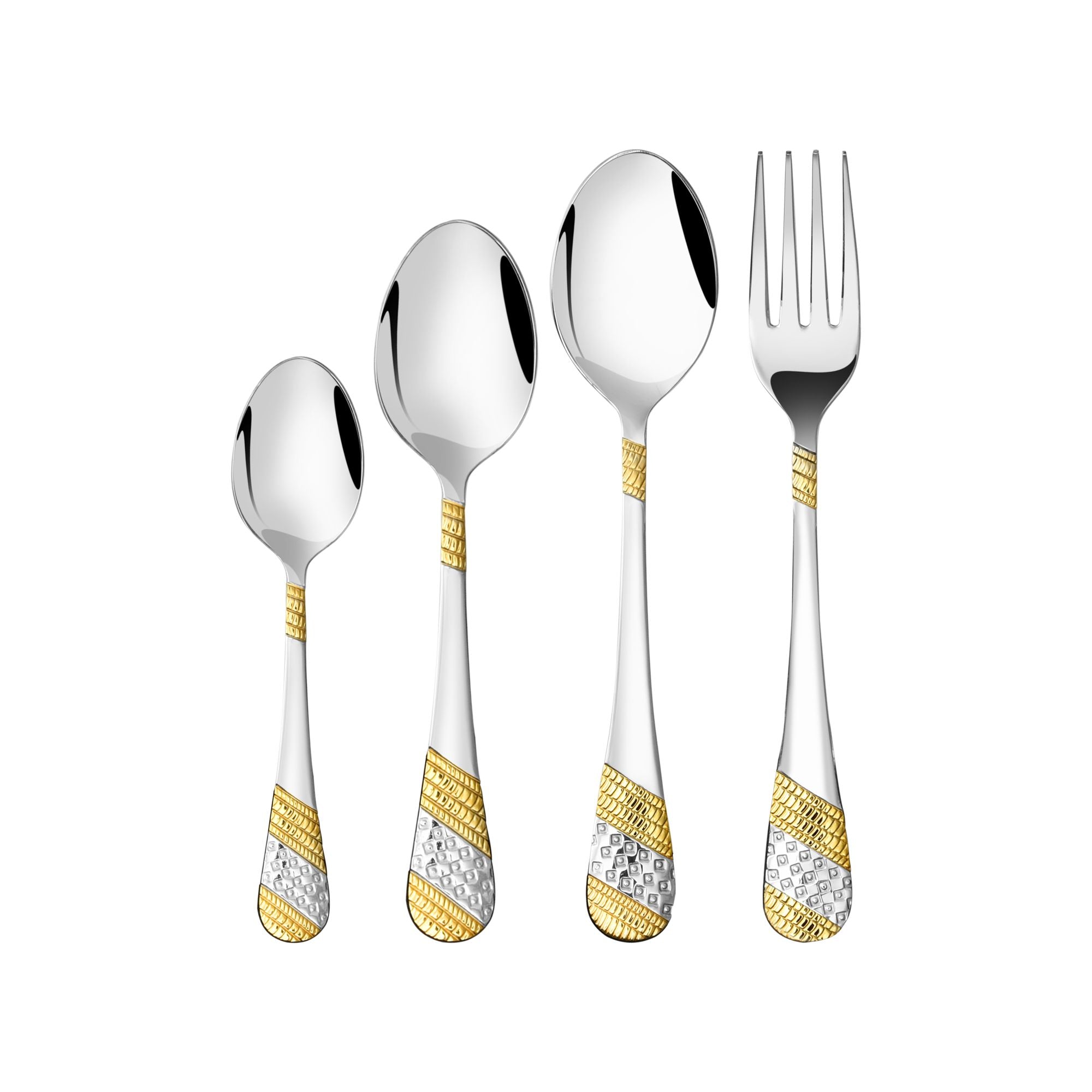 Stainless steel spoon, teaspoon, tablespoon, and fork with textured gold and silver detailing, isolated on white.