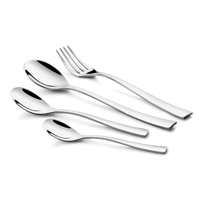 Minimalist silver cutlery set featuring fork and three spoons with elegant curves, against white background.