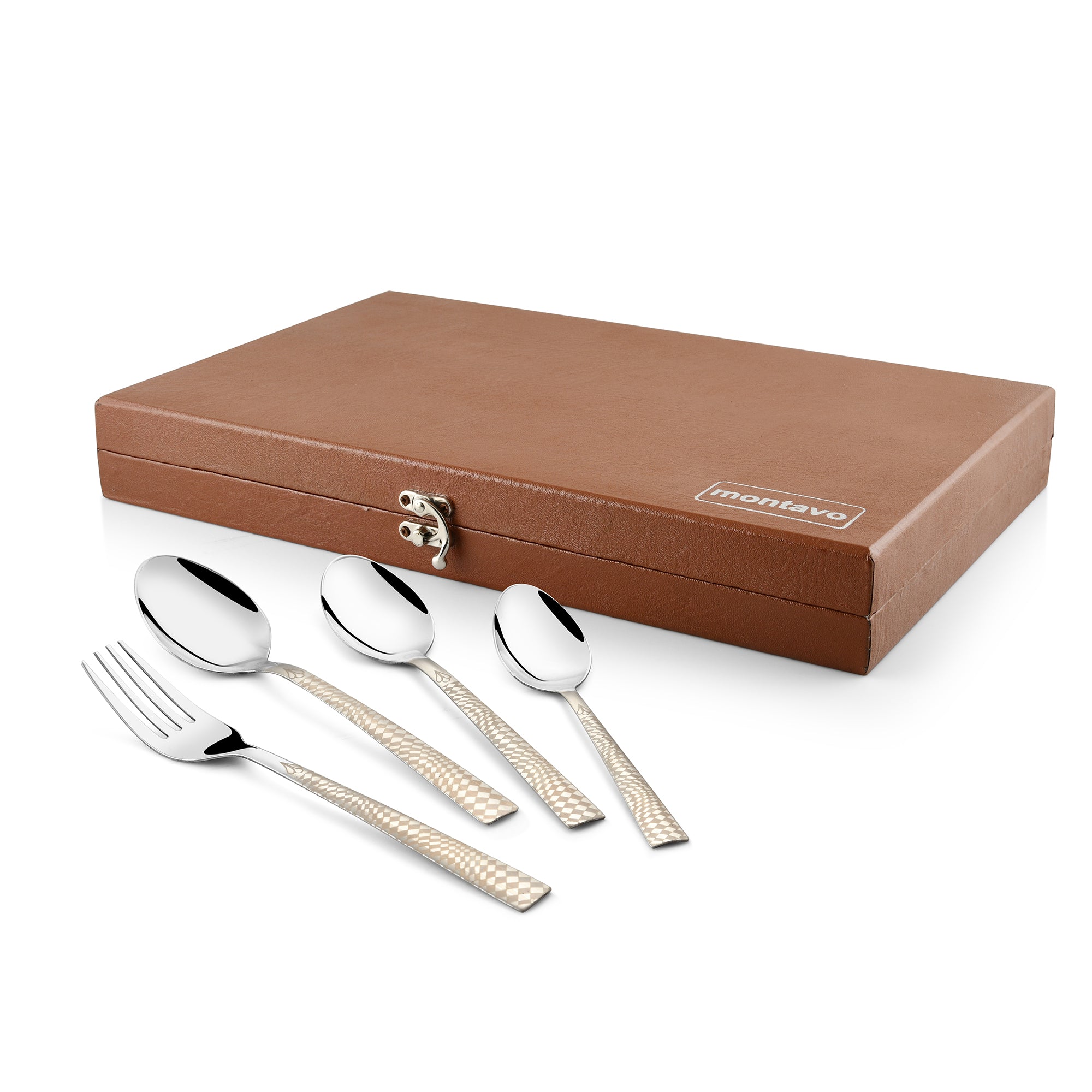 Four-piece spoon and fork set with elegant brown storage case featuring latch closure and “montavo” branding.