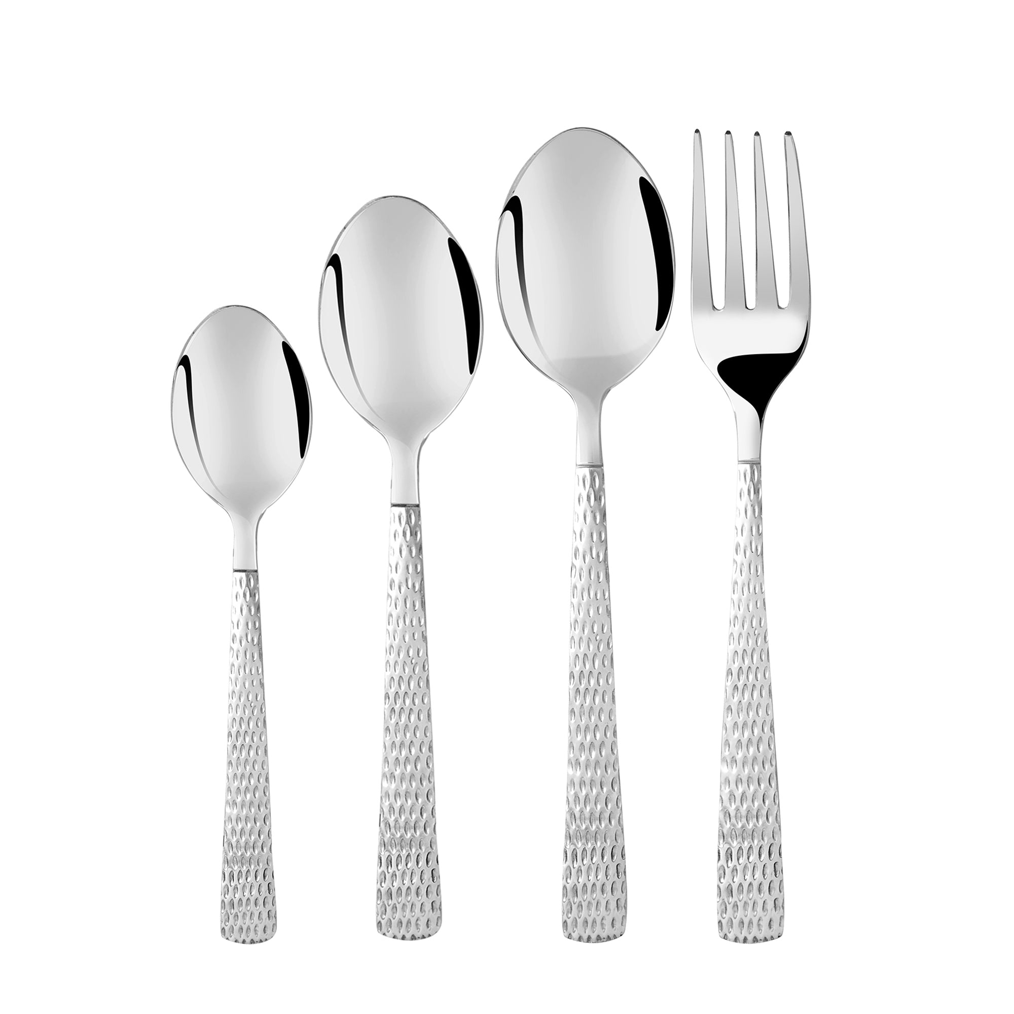 Four-piece silver cutlery set with hammered handles aligned vertically on a white background for display.