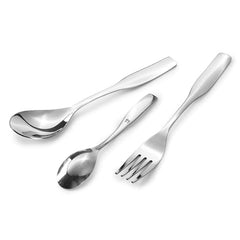 Elegant stainless steel fork and two spoons with curvy handles displayed on clean white background.