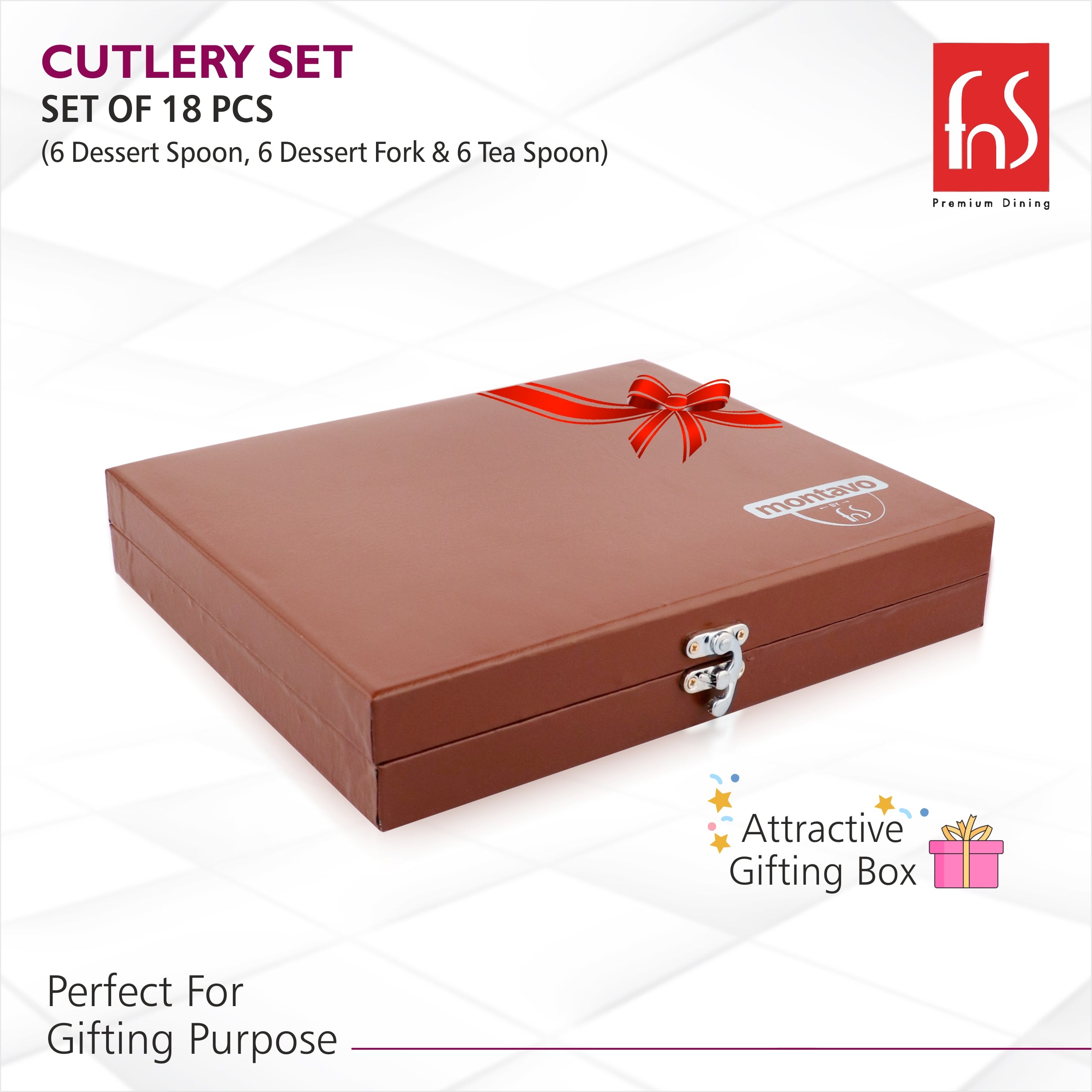 Closed brown FNS Montavo gift box for 18-piece cutlery set, labeled perfect for gifting.