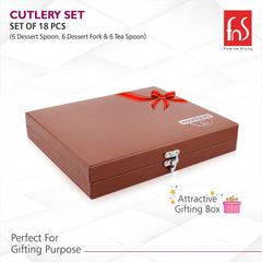 Closed brown FNS Montavo gift box for 18-piece cutlery set, labeled perfect for gifting.
