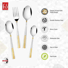 Elegant 24-karat gold plated stainless steel cutlery set with mirror finish, dishwasher safe, food grade.