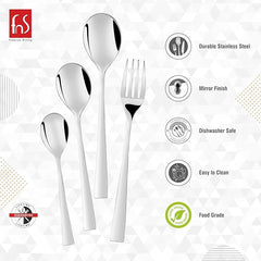 Silver cutlery set with icons emphasizing mirror finish, food-grade stainless steel, and dishwasher safety.