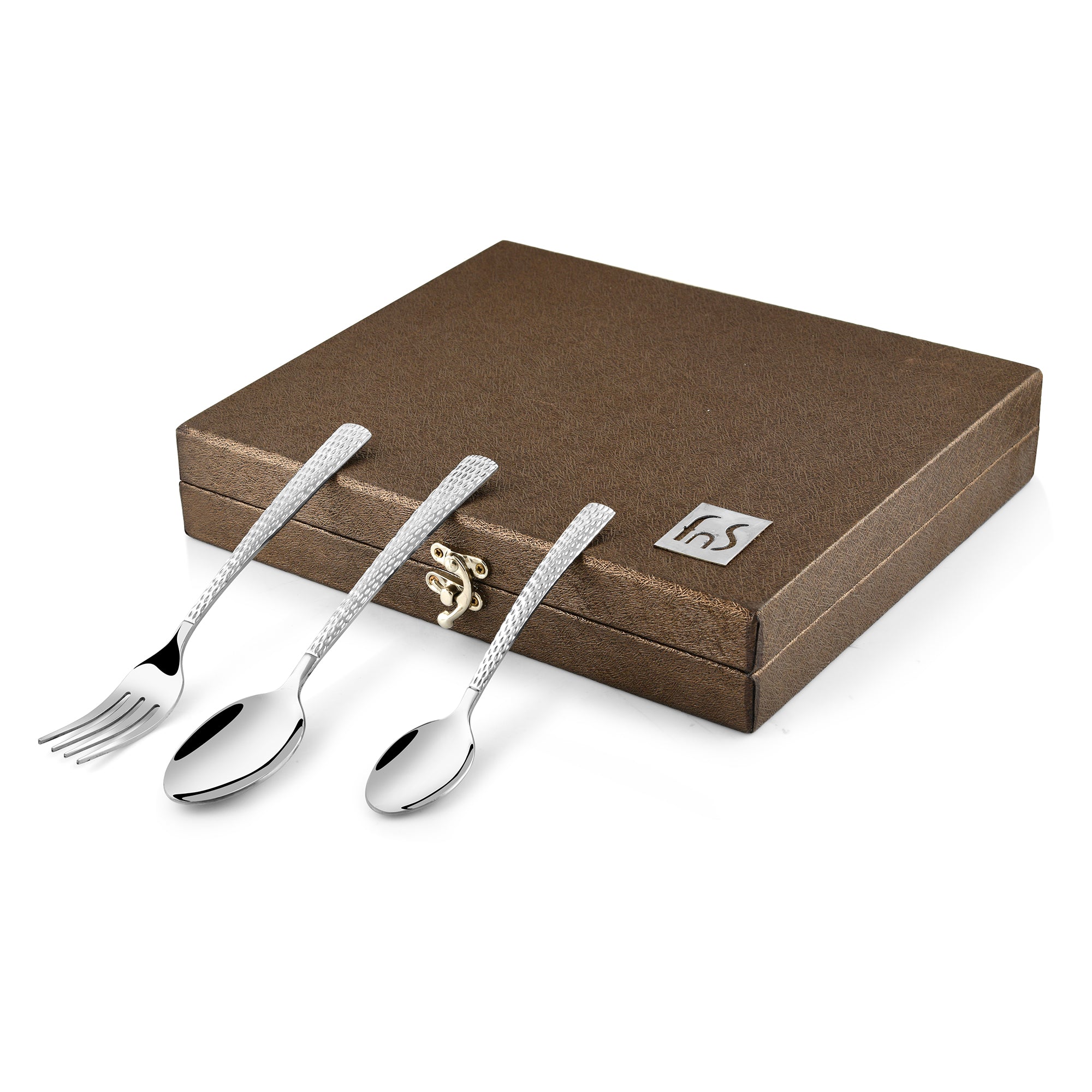 Closed gift box with textured fork and spoons neatly placed on top to showcase the design.