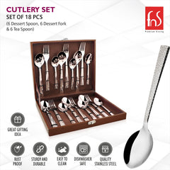 Opened cutlery set box showing organized spoons and forks; rust-proof, dishwasher safe, easy to clean.