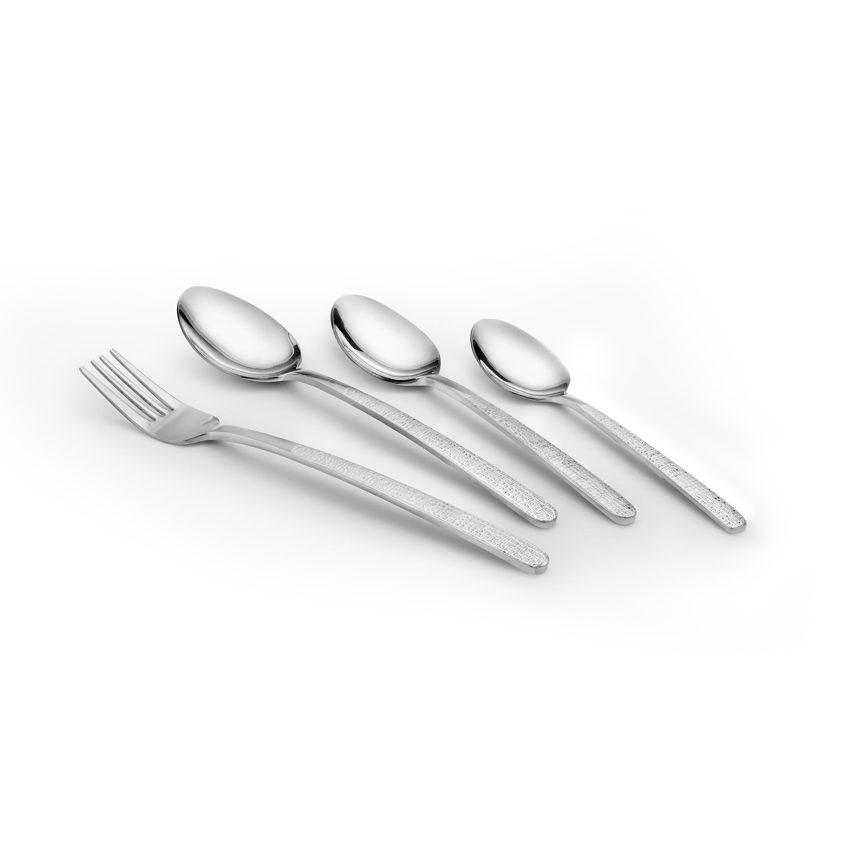 Four-piece silver cutlery set featuring textured handles, displayed in a neat row on white surface.
