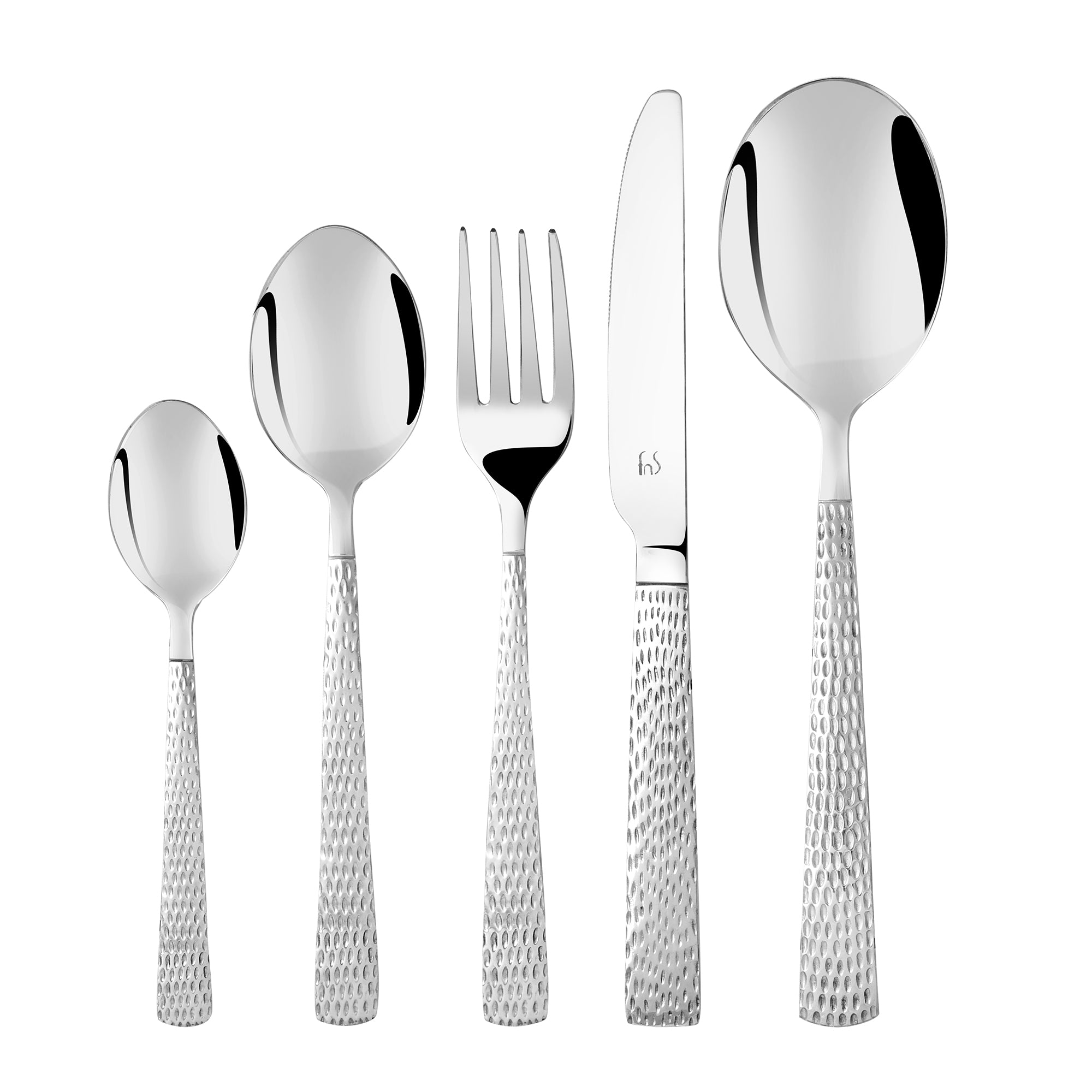 Vertical arrangement of five-piece cutlery set with textured handles on a white background for display.
