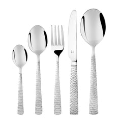 Vertical arrangement of five-piece cutlery set with textured handles on a white background for display.