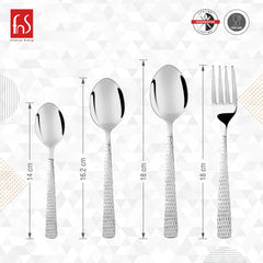 Four-piece cutlery set with textured handles; spoons and fork measured at 14 to 18 centimeters.
