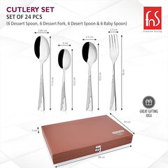 Cutlery set with detailed dimensions and sleek design, presented alongside brown leatherette gift box.