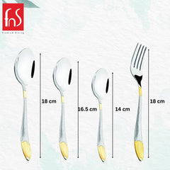 Four cutlery pieces—spoons and fork—displayed vertically with dimensions labeled for product specifications.