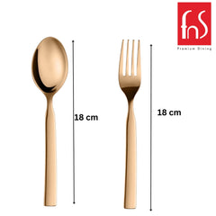 Golden spoon and fork measuring 18 cm each, displayed on white background with FNS logo.