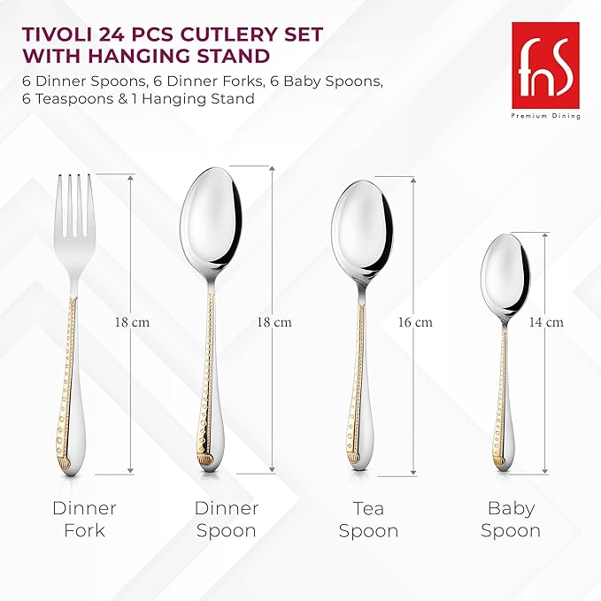 Comparison of fork and spoon sizes with dimensions, showcasing proportions of full Tivoli cutlery set.