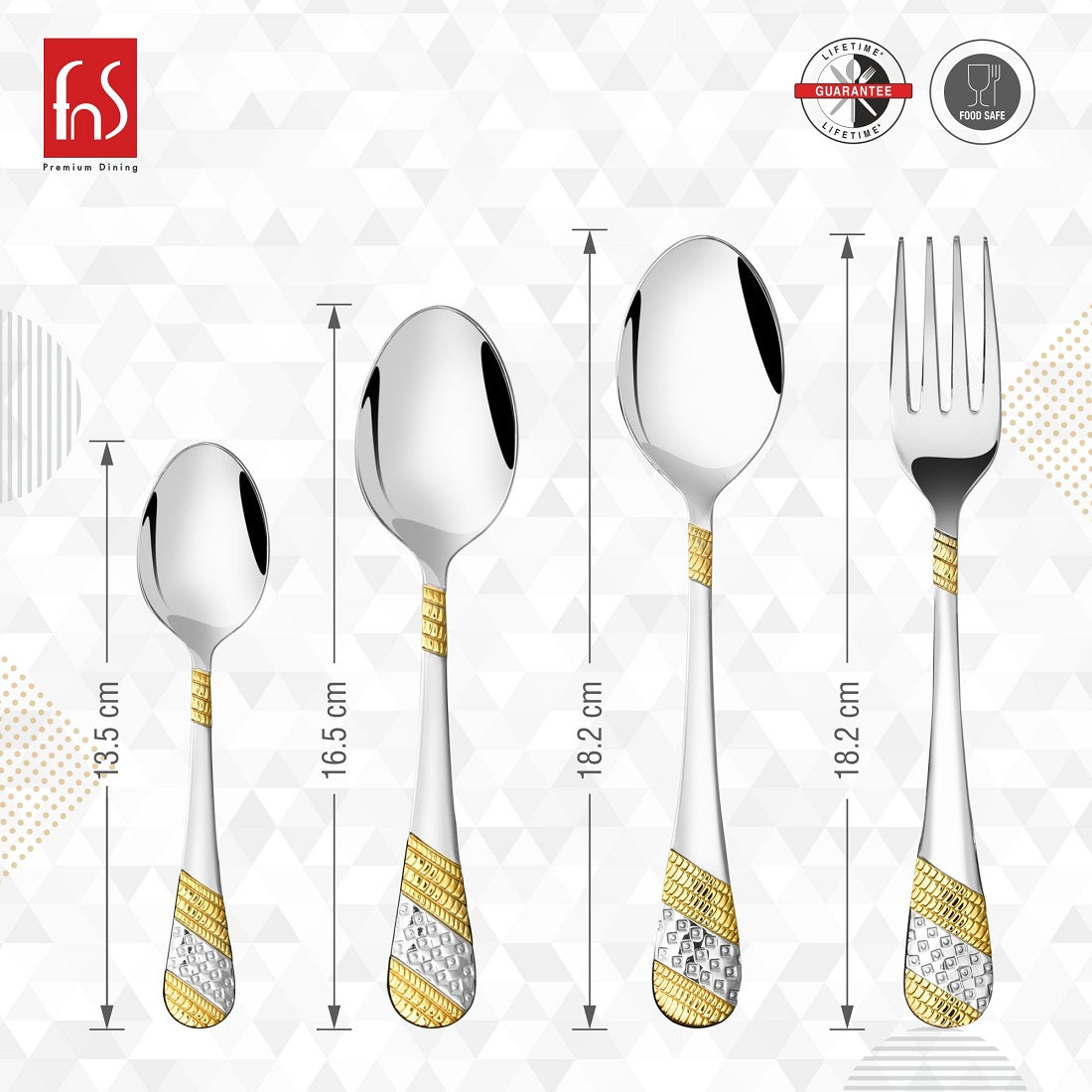 Four-piece gold-plated cutlery set with precise length measurements: spoon, fork, teaspoon, and dessert spoon.