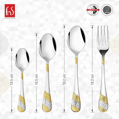 Four-piece gold-plated cutlery set with precise length measurements: spoon, fork, teaspoon, and dessert spoon.
