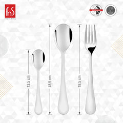Set of three stainless steel cutlery pieces with measurements: teaspoon 13.5cm, tablespoon and fork 18.5cm.