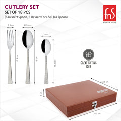 Cutlery set with measurements for fork, spoons, and box; promoted as a great gift idea.
