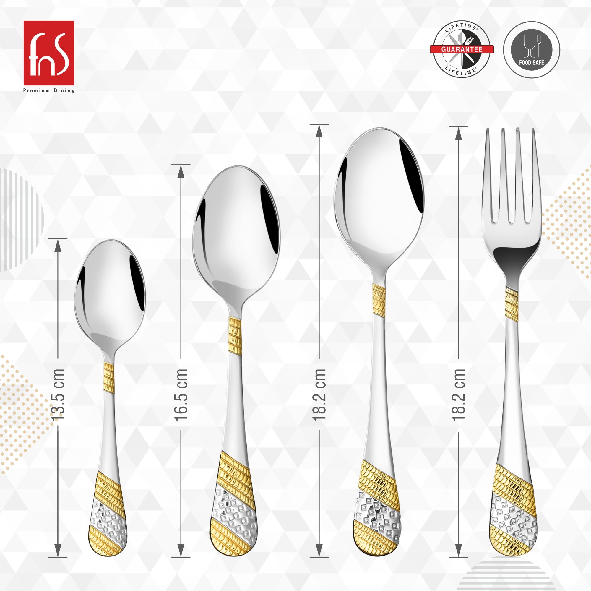Gold-accented cutlery set with individual heights shown in centimeters.