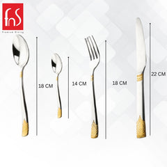 Cutlery set with gold accents showing sizes: teaspoon 14 cm, fork and spoon 18 cm, knife 22 cm.