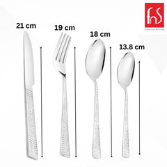 Knife, fork, spoon, and teaspoon with sizes labeled, highlighting premium textured handle design.
