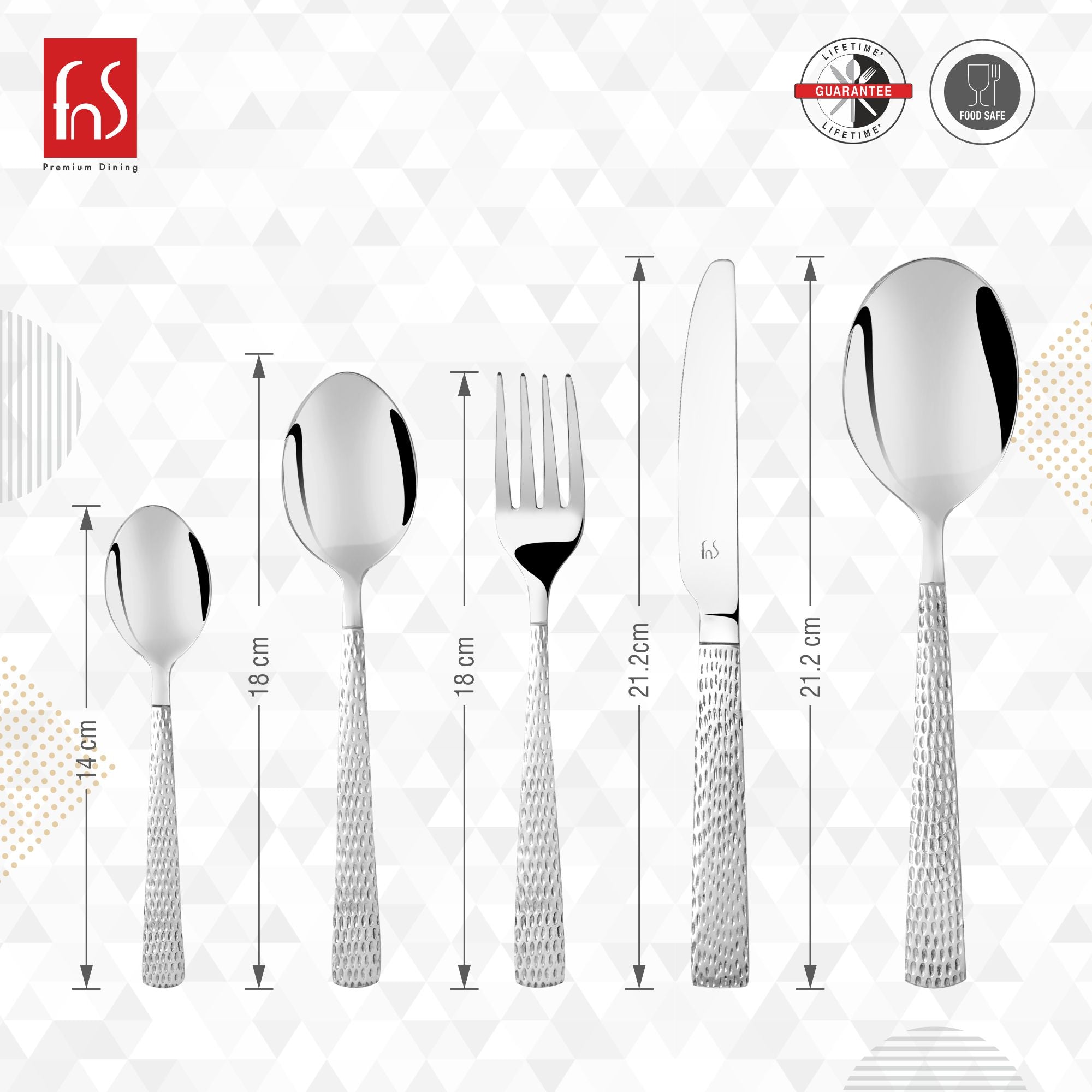 Cutlery set showing spoon, fork, knife, and teaspoon with detailed length measurements in centimeters.