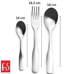 FnS cutlery set showing measurements: teaspoon 14 cm, spoon 18 cm, fork 18.2 cm, on white background.
