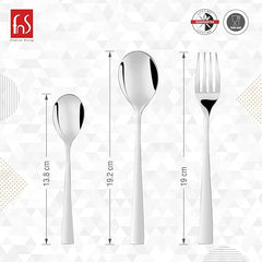 Three silver cutlery pieces shown vertically with labeled lengths: teaspoon, tablespoon, and dinner fork.
