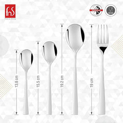 Four silver cutlery pieces displayed vertically with labeled sizes: teaspoon, dessert spoon, dinner spoon, and fork.