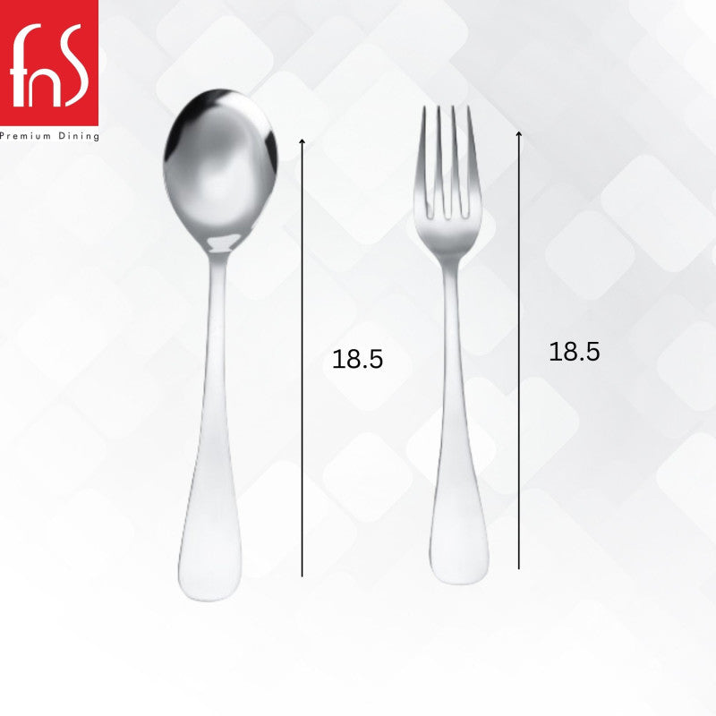 Polished stainless steel spoon and fork, each measuring 18.5 cm in length, sleek design.