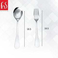 Polished stainless steel spoon and fork, each measuring 18.5 cm in length, sleek design.