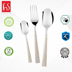 Three white-handled cutlery pieces with icons highlighting durability, rust resistance, dishwasher safety, and food safety.