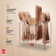 Rose gold FNS cutlery set organized in a metal stand, highlighting features like food grade material, smooth edges, durable steel, mirror finish, and dishwasher safety.