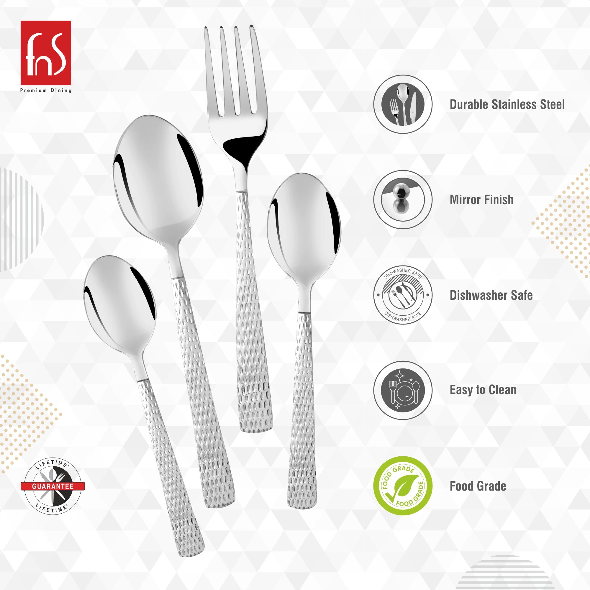 Cutlery set displayed with icons highlighting durable stainless steel, mirror finish, dishwasher safe, easy clean, food grade.