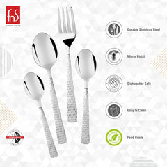 Cutlery set displayed with icons highlighting durable stainless steel, mirror finish, dishwasher safe, easy clean, food grade.