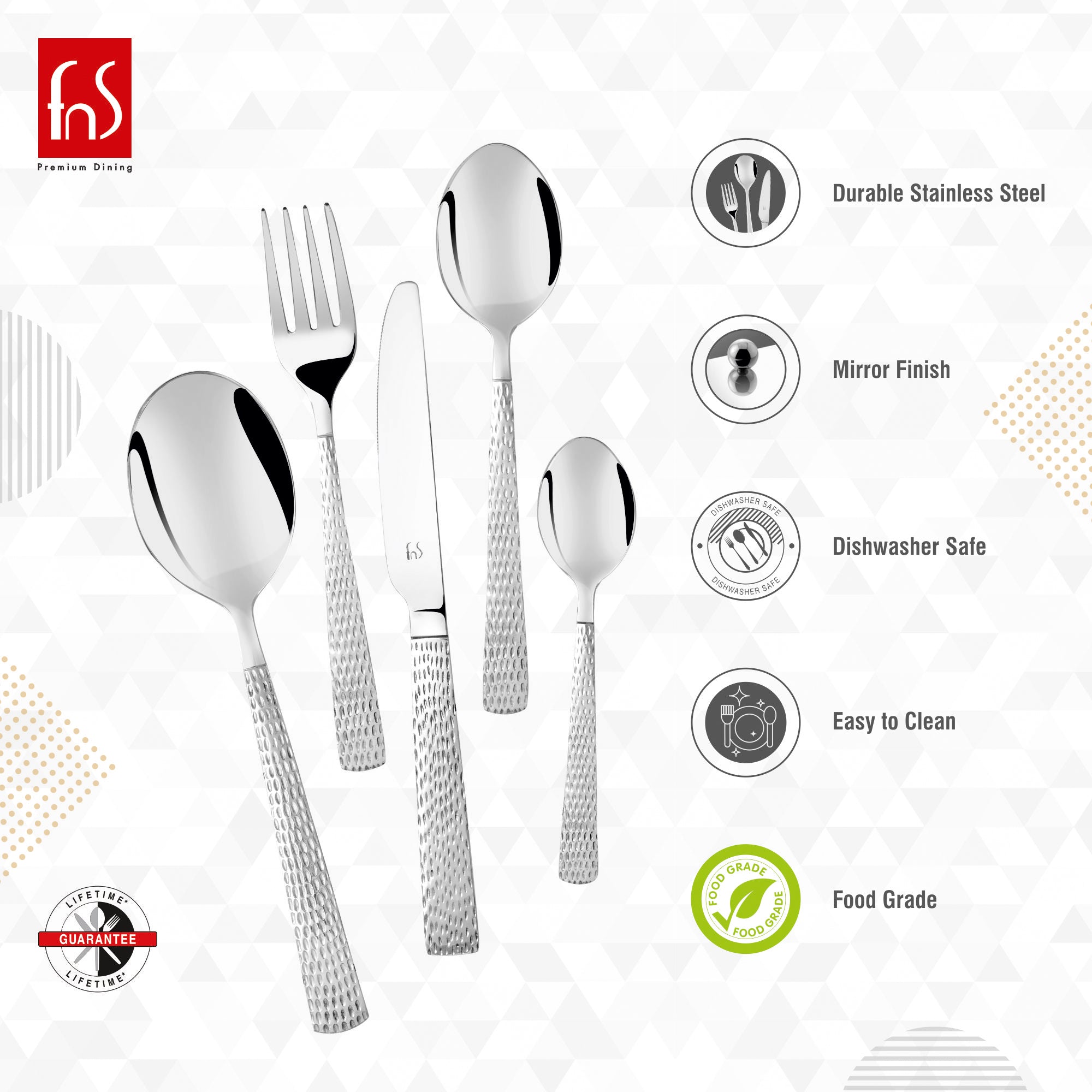 Cutlery set with icons highlighting durable stainless steel, mirror finish, dishwasher safe, easy to clean, food grade.