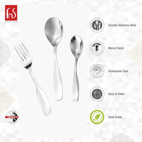 Stainless steel cutlery set displayed with icons highlighting food safety, mirror finish, and dishwasher-safe design.