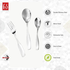 Stainless steel cutlery set displayed with icons highlighting food safety, mirror finish, and dishwasher-safe design.