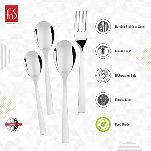 Stainless steel cutlery set with mirror finish, labeled icons highlighting durability and dishwasher safety.