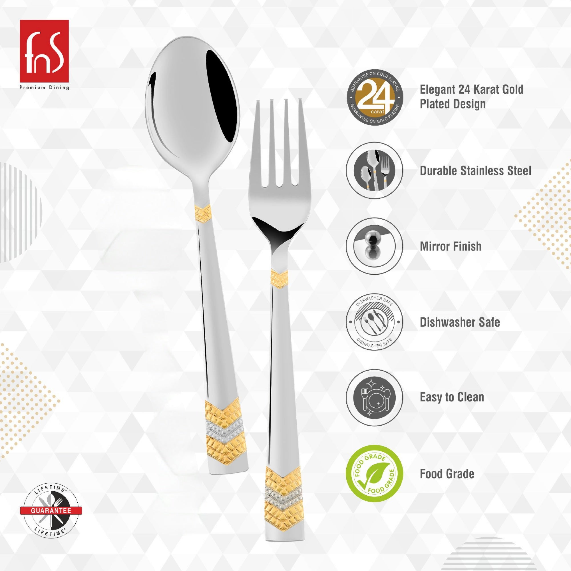 Gold-accented cutlery with icons highlighting 24K gold plating, mirror finish, food safety, and durability.