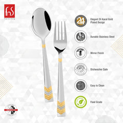 Gold-accented cutlery with icons highlighting 24K gold plating, mirror finish, food safety, and durability.