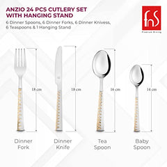 Cutlery set on hanging stand with icons for mirror finish, dishwasher safety, and rust-proof durability.