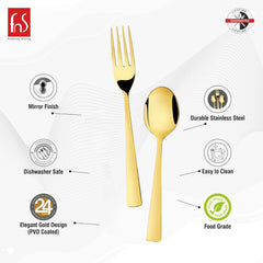 Gold cutlery set with mirror finish, PVD coating, food-grade steel, dishwasher safe, easy clean.