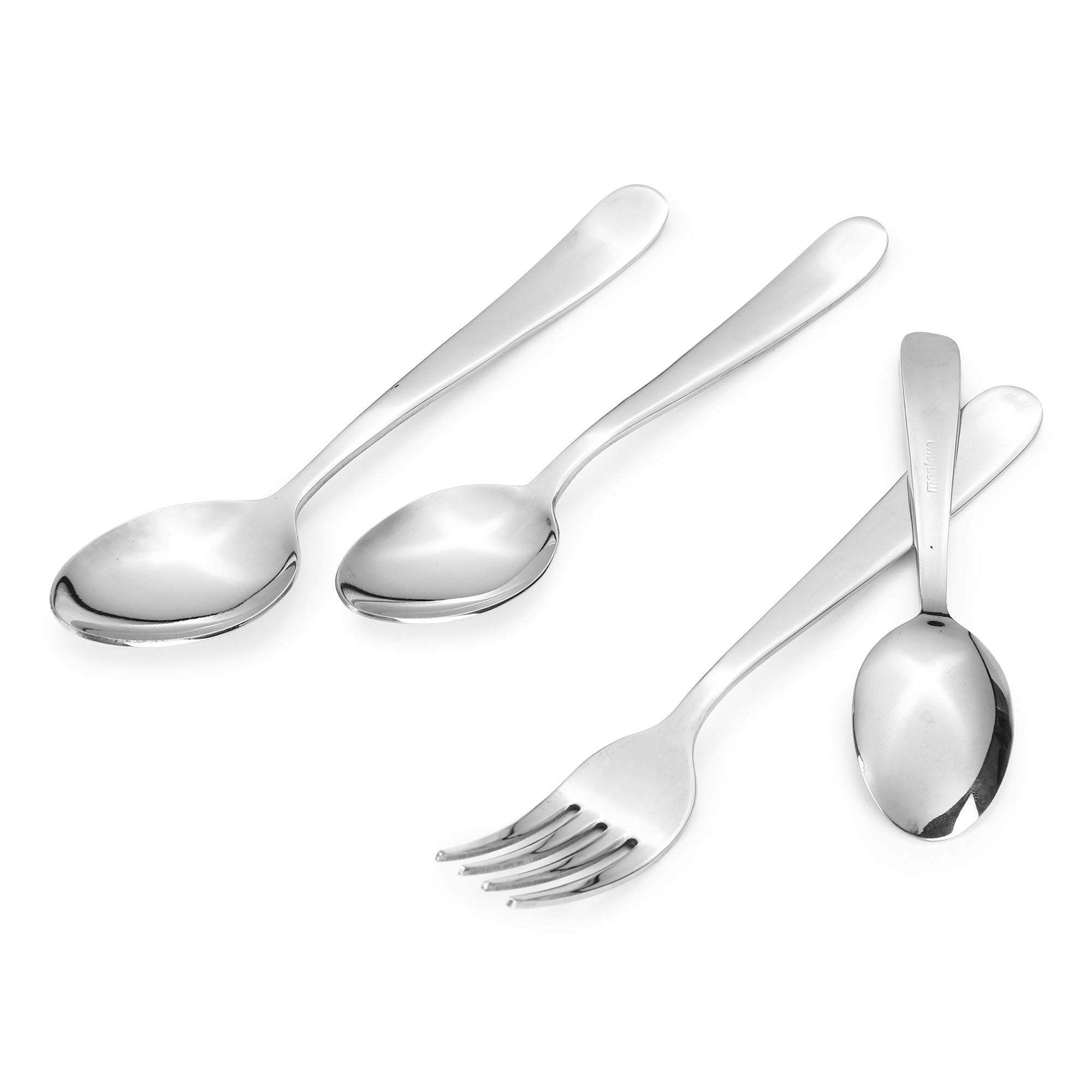 Different sized spoons and a fork from Montavo set laid out neatly on white background.