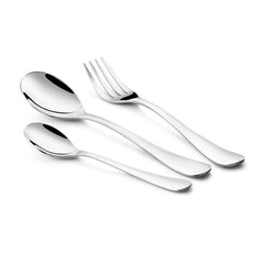 Sleek stainless steel fork and two spoons arranged diagonally on a clean white background for display.