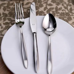 Stainless steel fork, knife, and spoon neatly arranged on a white plate over floral placemat.