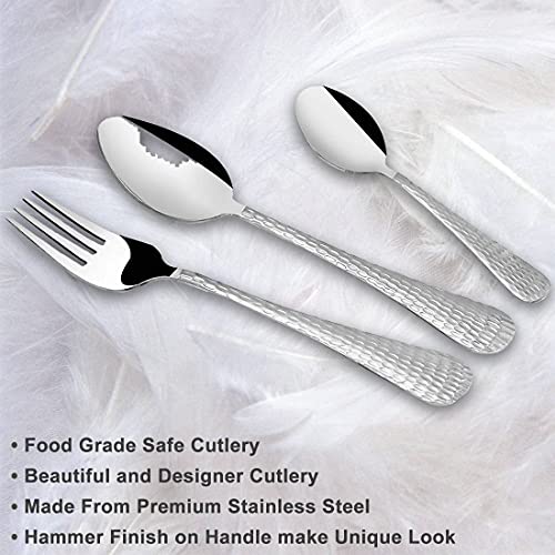 Three designer cutlery pieces shown with text describing food-grade stainless steel and hammered finish.